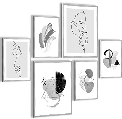 Novart Wandbilder Set Liebespaar Abstrakt Grau - KEIN EXTRA RAHMEN BENÖTIGT - Modern Deko - Wohnzimmer Schlafzimmer N006163c
