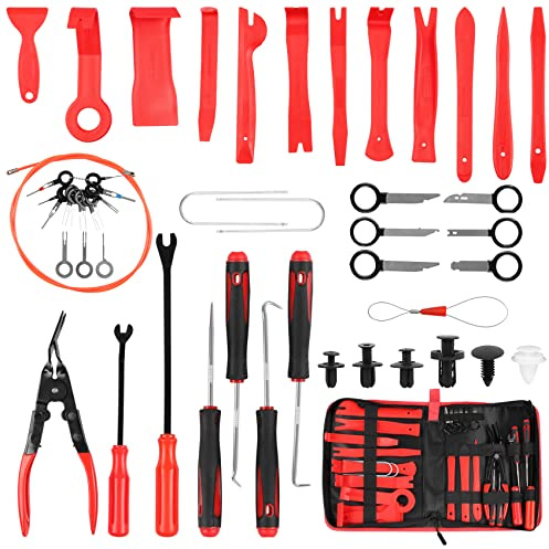 DOCAS 143PCS Outil Demontage Garniture Auto, Outils De DéMontage De Garnitures Trousse ​pour Panneaux de Garniture de Voiture Portes Tableaux de Bord Radios（Rouge ）