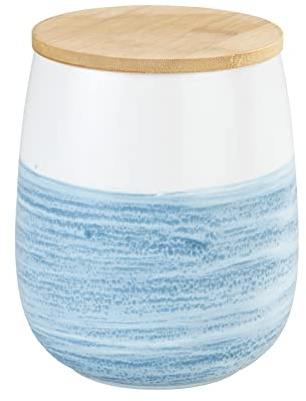 WENKO Aufbewahrungsdose Mala 1,2 L, hochwertige Keramikdose in Weiß mit Aquarell-Dekor in Blau, FSC® zertifizierter Bambusdeckel mit Silikonring zur luftdichten Aufbewahrung, Ø 13 x 16 cm