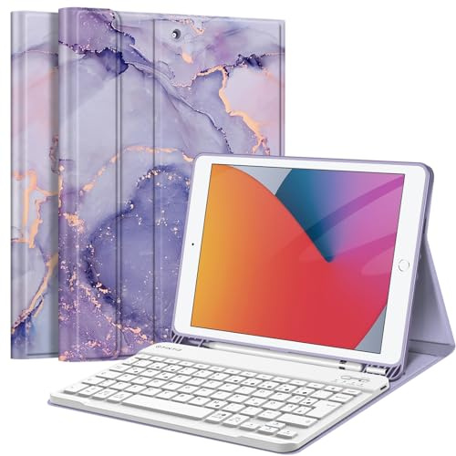 FINTIE Tastatur Hülle für iPad 10.2 Zoll (9/8/7 Generation, 2021/2020/2019) | Schutzhülle mit TPU Rückschale, Pencil Halter und magnetisch Abnehmbarer Tastatur mit QWERTZ Layout, Marmor Lila