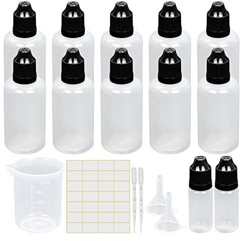Reyshin 10 Stück 50 ml Kunststoff-Tropfflaschen, leere Quetschflaschen, Augentropfenspender, Farb-Tropfflaschen mit Trichter, Messbecher, Etikett, Transferpipette