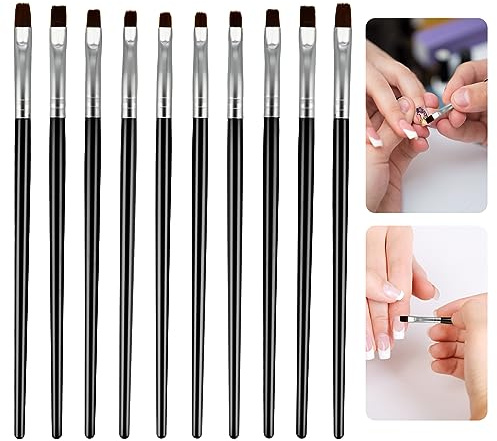 cobee Lot de 10 pinceaux professionnels pour nail art - Noir - Outil de détail - Pinceau acrylique pour nail art - Brosse à ongles à tête plate avec poils en nylon doux - Pour manucure et salon de