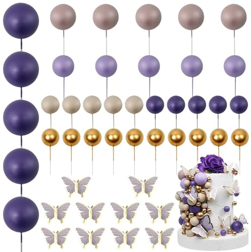 LARDUX 45 PCS Ball Cake Toppers - Butterfly Cake Decorations DIY Mini Balloon Cupcake Insert for Girls Women Birthday Party Baby Shower Wedding - Purple