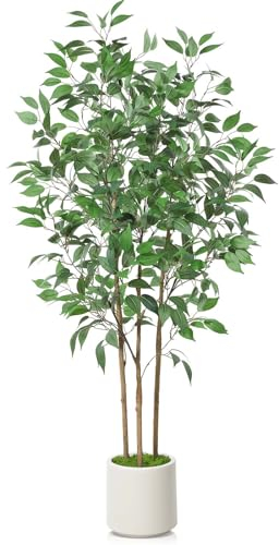 SOGUYI Künstliche Pflanzen Ficus-Baum, 150cm Kunstpflanzen Groß für Heimdekoration, Kunstseide, Ficus-Kunstpflanze, Kunstpflanzen in Weiß, künstlicher Keramik-Übertopf mit grünem Kunstmoos, 1er-Set
