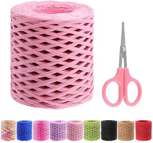 Swpeet 1 rollo de hermosa cinta de papel de rafia rosa de 218 yardas con juego de tijeras, hilo de rafia natural, papel kraft para embalaje, cordel para manualidades, suministros de bricolaje para