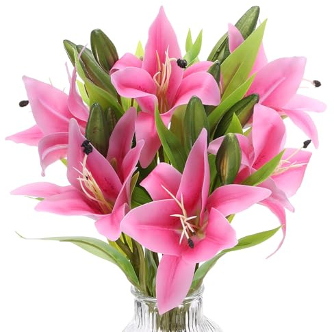 PATIKIL Lilie Falsche Blumen 3Stk Lilie Kunstblumen Künstliche Lilie Seide Kunstblumen Vase Echte Gefühle für Haus Dekor Tafelaufsatz Tisch Verzierungen Esszimmer Hell Rosa