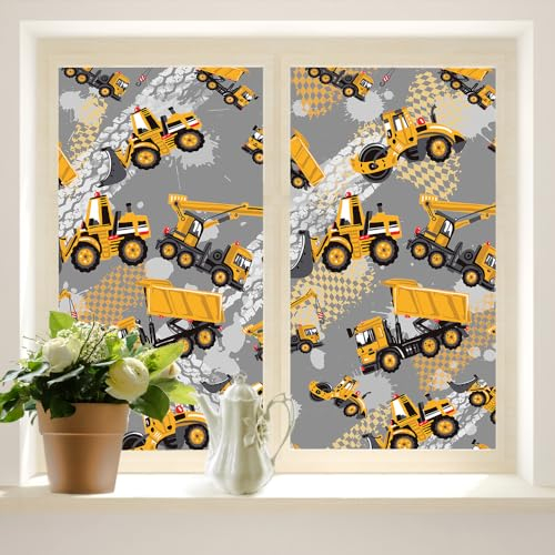 COALHO Fensterfolie für Jungen, Motiv: Cartoon, lustiger LKW-Bagger, Reifenmarken-Design, geeignet für Wohnzimmer, Küche, Badezimmer, 45 x 60 cm, 2 Stück