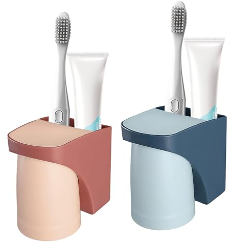 FIHODONE 2 Piezas Portacepillos de Dientes Montaje en Pared, Juego de Vasos para Cepillos de Dientes de Plástico, Portavasos para Cepillos de Dientes sin Taladrar Portacepillos de Dientes con Taza Ma