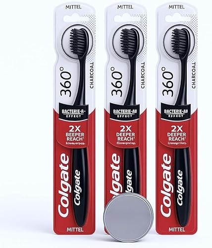 MM 360 Charcoal Toothbrush Pack of 3 – Medium Bristles for Superior Oral Hygiene & Fresh Breath – Charcoal-Infused for Deep Cleaning – Includes Free Tin of Mouthwash Tablets