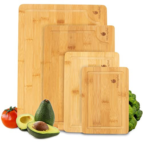 Holzapfel® 4er Set Schneidebrett Holz Bambus [lebensmittelecht & antibakteriell] - Holzbretter 4 Größen [INKL. KOCHBUCH] - Holzbrett, Küchenbrett & Schneidbrett Küche - Cutting Board Wood klein groß