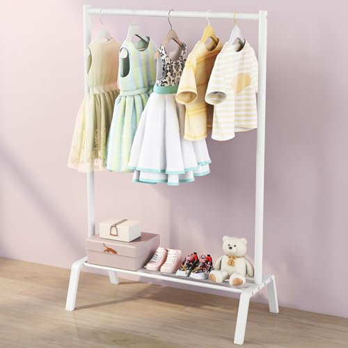 STWWO Kinder Kleiderständer Metall Kindergarderobe mit Kleiderstange 65 x 101 x 31 cm Garderobenständer Kostüme Kleiderablage für Baby- & Kleinkinderzimmer, Mädchen & Jungs (Weiß)