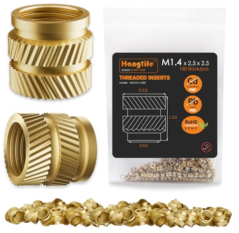 HANGLIFE Gewindeeinsatz, M1.4 Einpressmuttern für 3D Druck Zubehör - Messing Metrische Einschmelzgewinde Gewindehülse - Threaded Inserts für 3D-Druckkomponenten und Kunststoffteile(100 Stück)