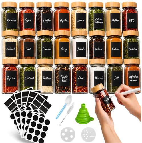 Gewürzgläser Set 24er (120ml) mit Bambusdeckel & 2 STREUEINSÄTZEN PRO GLAS – Eckige Gewürzgläser mit Etiketten inkl. Zubehör – Gewürzbehälter Glas luftdicht – Gewürz Organizer Küche – heavenly kitchen