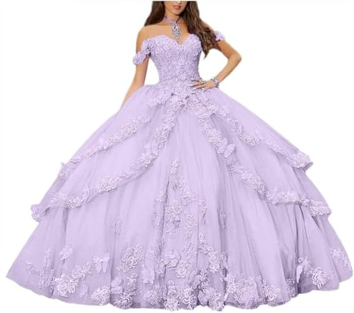 Yifanier Off Shoulder Quinceanera Dresses for Women Teen 3D Floral Lace Appliqued Prom Dresses Formal Prom Dress MT017 Lilac