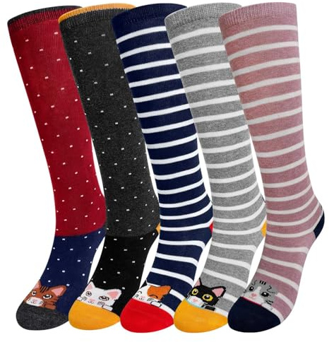 ZFSOCK Chaussette Haute Fille Enfant: Chaussettes Longues au Genou Sans Couture En Coton - Rayées Animaux Colorées Respirantes Pour Filles 2-12 Ans Cadeau Anniversaire Noël 5 Paires Taille 23-38
