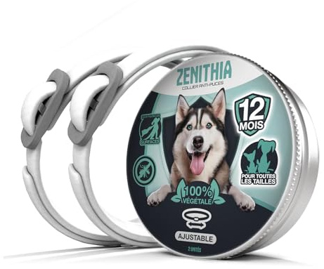 ZENITHIA Collier Anti Puces pour Chien - Collier Anti Puce Chien - Anti Tiques Haute Qualité - 12 Mois de Protection - 65cm Réglable Toutes Tailles - 100% Naturel - Imperméable déperlant (2 Unités)