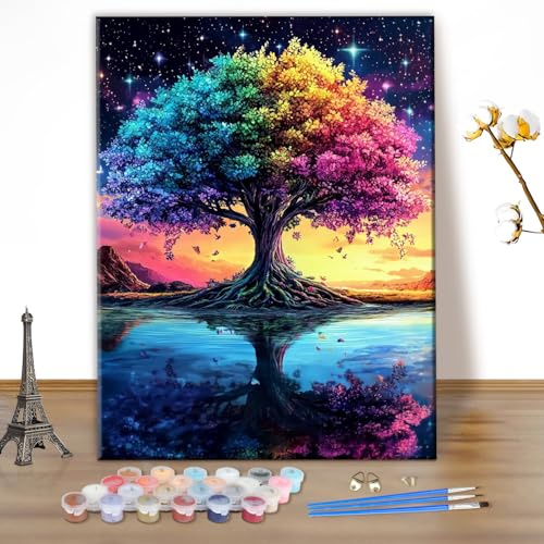 MEIYUDA Pintar por Numeros Adultos Colorido Árbol de la Vida, Cuadros por Numeros Pigmento Acrílico, DIY Pintura por Numeros Kit, Decoración para el Hogar Regalo de pared 30x40cm(sin marco)