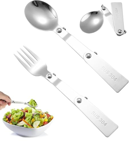 2 Stück Faltbare Löffel und Gabel Set, Camping Besteck zum Mitnehmen, Edelstahl Klappgabeln und Löffelset, Klapp Besteck für Reisen, Camping, Thermoskannen, Picknick, Andere Outdoor Aktivitäten