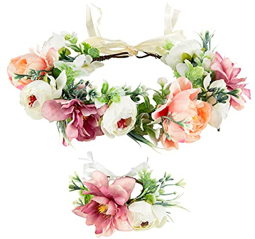 Blumenkranz Haarreif Haarschmuck für Damen, Rose Braut Accessoires mit Armband-Set, Verstellbarer Gürtel, Hochzeit Zeremonie Festival Party Strand