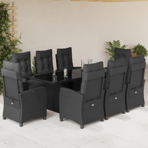 Verderoom Gartenmöbel Set 8 Stühle Mit Tisch, Verstellbar Garten Essgruppe, Rattan Sitzgruppe, Sitzgruppe Outdoor, mit Kissen Schwarz 9-TLG