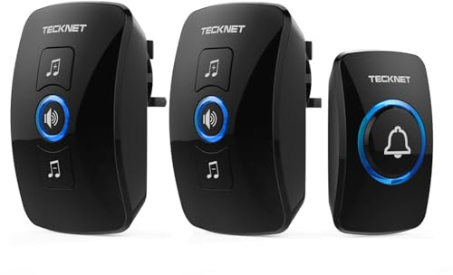 TECKNET Wireless Doorbell - IP65 Waterproof Twin Door Bell, Plug in Wireless Doorbell with 2 Receivers at 1300ft/400M Wireless Range, 60 Chimes, 5 Level Volumes & Blue Light, Plug in Door Bell, Black