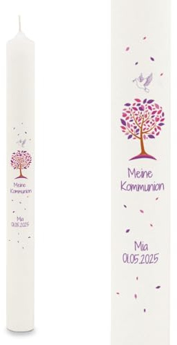 GRAVURZEILE Bedruckte Stabkerze - Lebensbaum - Personalisiert mit Name & Datum - Geschenk zur Taufe, Kommunion oder Konfirmation - Für Jungen & Mädchen - Altarkerze 400/40 mm - Farbe: Lila