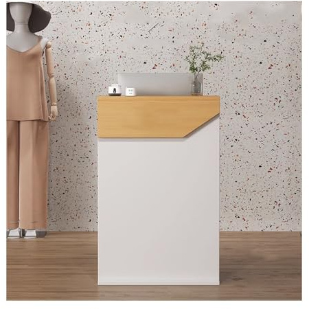 QWEASDF Rezeption Empfangstresen ，Empfangstisch Klein-förmiger Thekentisch, ，Empfangstheke Verkaufstresen mit Schubladen und Aufbewahrungsschrank für Kasse Schönheitssalon Büro(Wood,L31.4in-B)
