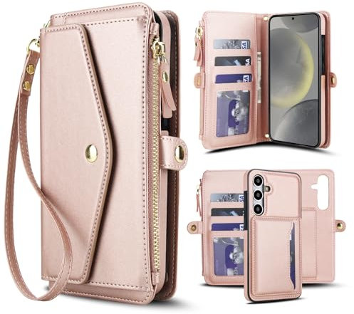 XIMAND Funda Desmontable 2 en 1 para Samsung Galaxy S24: Funda Tipo Billetera con Ranuras para Tarjetas,Compatible con Magsafe Carga y Soporte para Coche,Correa para muñeca y Bandolera (Oro Rosa)