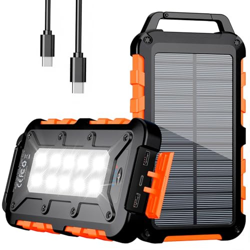 WOWMVP Batterie Externe Solaire 26800mAh, PD15W Chargeur Solaire Power Bank Portable USB C 3A Charge Rapide avec 3 Ports, Câbles et Lampe pour Smartphone, Tablette, Camping et Plus (Orange Clair)