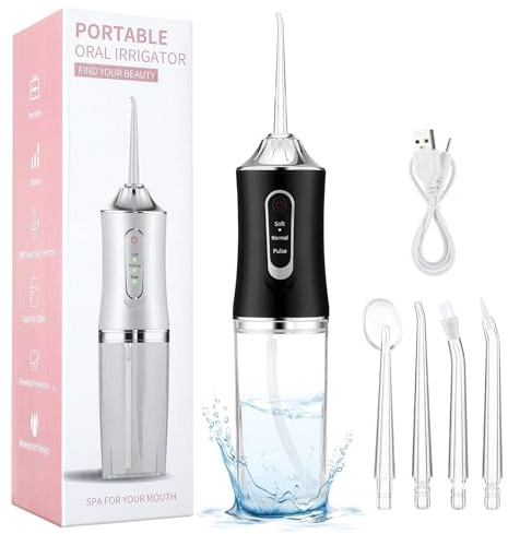 Lvozize Irrigador Bucal Portatil, Recargable Irrigador Dental Portatil con 4 Boquillas 3 Modos IPX7 Impermeable 300ML Irrigadores Dentales para el Hogar y los Viajes