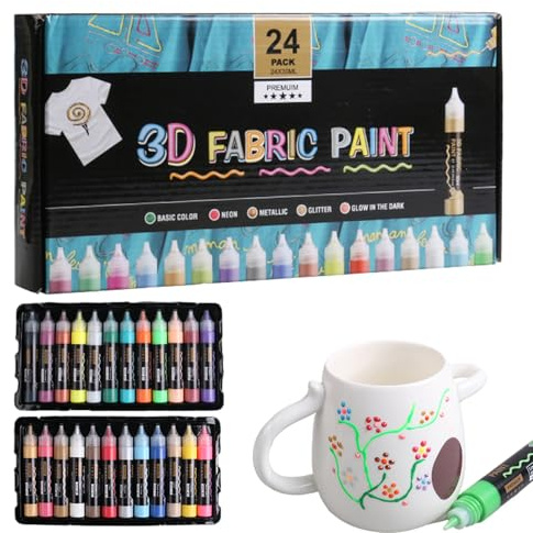 Pittura per tessuti 3D, vernice permanente per tessuti, rivestimento impermeabile, set da 30 ml, 24 colori, ideale per adulti, bambini, tela, legno, cappelli, abbigliamento, decorazioni in vetro e