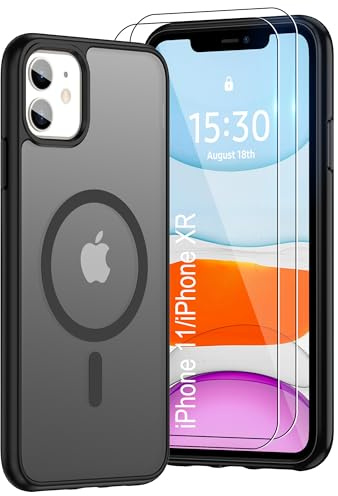 Pilaru Magnetic Case for iPhone 11/XR [Compatible with MagSafe] 2X Screen Protector | Anti-Yellowing & Fingerprint, Shockproof, Skin-friendly Slim Fit Translucent Phone for iPhone 11/XR-Matte Black