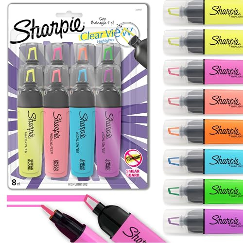 Sharpie Highlighters | Clear View Highlighter Pens with See-Through Chisel Tip | Assorted Fluorescent Ink Colours | 8 Count