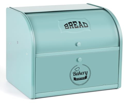 Dyserbuy Bread Bin, Bread Bins for Kitchen, Large Bread Box with Roll Top Lid, Double Metal Bread Container, Storage Bin for Fresh Loaves, Cookies, Pastries 40 x 32 x 24 cm (Green)
