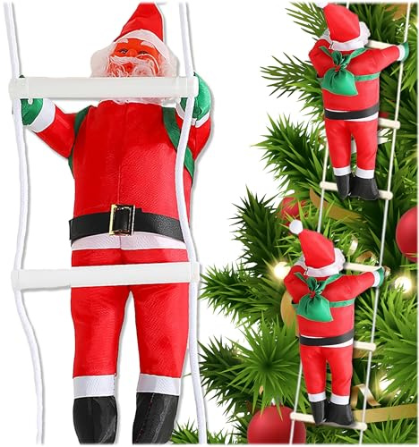 KRUMAD Weihnachtsdeko Innen – 3 Weihnachtsmänn auf Leiter - 100x12 cm - Weihnachtsmann Deko - Festliche Nikolaus Dekoration aus Polyester - Weihnachtsfigur mit Baumwollleiter