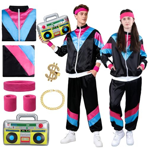 D2 80er 90er Jahre Outfit Herren Damen, 80er Trainingsanzug Jogginganzug Faschingskostüme Männer Unisex 80s Tracksuit Disco Jacke und Hose Anzug 90s Accessoire Bad Taste für Mottoparty Karneval