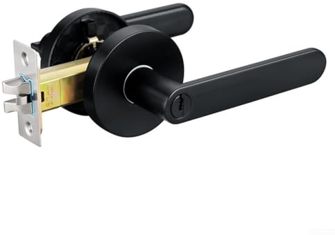Indoor door handle lock with three rod ball locking system, designed for quiet operation and key locking function in bedrooms and bathrooms (Black)