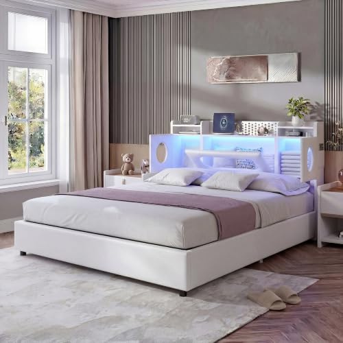 Letto Imbottito 160x200 con Contenitore, Letto Matrimoniale con USB e LED, Funzionale con testiera, Struttura Letto con Rete a doghe, PU(Beige, 160 x 200 cm)