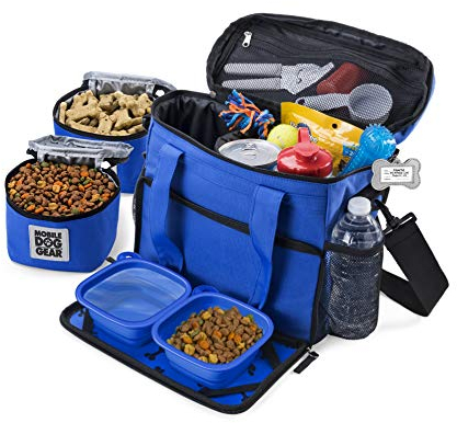 Overland Dog Gear - Bolsa de viaje para perros pequeños, incluye bolsa, 2 portadores de alimentos forrados, mantel individual y 2 cuencos plegables (azul)