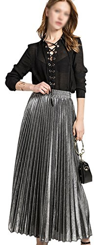 LA HUATE Jupe plissée métallique pour femmes et filles - Jupe longue d'été de plage en satin lustré - Jupe midi de fête, Argenté., M