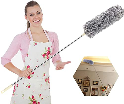 Extendable Feather Duster,Microfiber Duster with 100'' Telescopic Stainless Steel Extension Pole and Soft Silicone Cap,Easy to Absorb Dust Anti Static,Perfect for Cleaning Cobweb,Ceiling Fan,Car etc