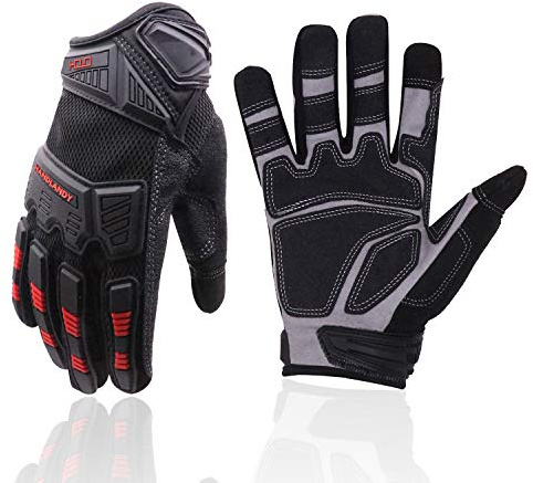 HANDLANDY Mens Work Gloves Touch screen, Utility Mechanic Gloves, Flexible Breathable Fit- Padded Knuckles & Palm (Black & Red, Medium)