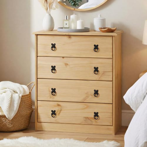CARO-Möbel Kommode Barrio mit 4 Schubladen I Highboard aus massiver Kiefer I Anrichte mit gebeizter und gewachster Oberfläche im Mexiko Stil