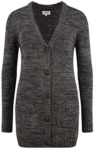 OXMO OXPhilemona Damen Lange Strickjacke Grobstrick Cardigan Longstrickjacke mit aufgesetzten Taschen Knöpfen 100% Baumwolle Regular fit, Größe:L, Farbe:Black (799000)