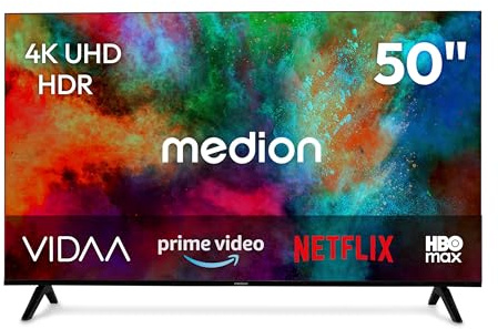 MEDION 125.7 cm 50 Téléviseur Ultra HD Smart TV HDR10 Vida Store Prime Video Disney+ DAZN HbbTV PVR Bluetooth HD+, MD850201