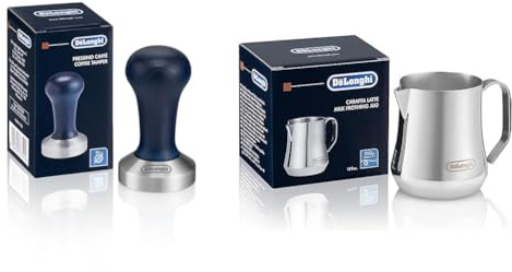 De'Longhi DLSC058 Kaffee-Tamper aus Edelstahl mit Holzgriff, blau/silber & Milchkännchen DLSC060, 350 ml, Edelstahl