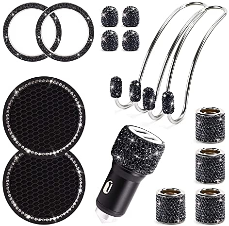 15 Stück Auto Zubehör Innenraum Glitzer, Autozubehör für Frauen Männer, USB KFZ Schnellladegerät, Auto Getränkehalter Einsatz, Ventilkappen Auto Metall, Auto Kopfstütze Halsbänder, Hakeen (Schwarz)