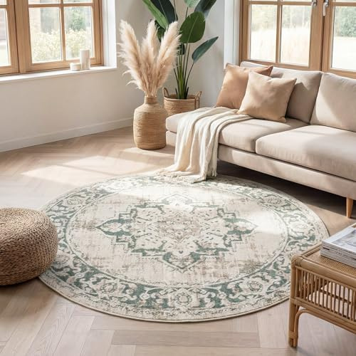 Vintage Teppich Rund - Spring Medaillon Creme Grün - Ø 120 cm | Synthetik, Polypropylen - Kurzflor - Vintage - Boho, Klassik, Ländlich, Orientalisch - Wohnzimmer, Esszimmer, Schlafzimmer