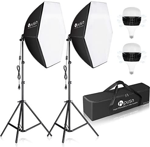 HPUSN Softbox Photography Lighting Kit, 30X30 Softbox Lighting Kit, 2pcs E27 Socket 5400K LED Bulb, Photo Studio Light for Portrait Lighting, Photography/Video Recording/Live Streaming/YouTube