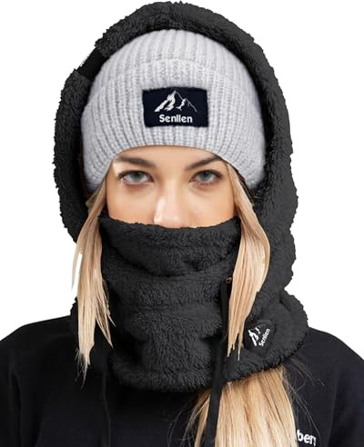 Senllen Balaklava i fleece för kallt väder, vindtät skidmask för vintern, luftgenomsläpplig och värmande ansiktsmask, halsvärmare/scarf, hjälmhuva, Svart, one size